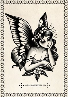 a black and white drawing of a fairy sitting on top of a piece of paper