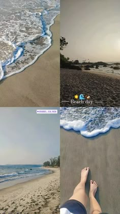 two pictures of the same beach with waves coming in from the ocean and someone's feet on the sand