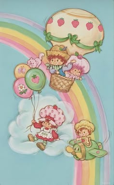 an image of children flying in the sky with balloons and teddy bears on a rainbow