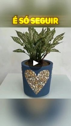 a potted plant sitting on top of a table with a heart shaped rock in it