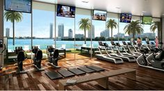 the gym is full of cardio machines, treadmills and television screens that look out over the water