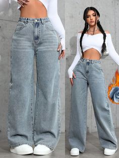 Thong Jeans Outfit, Bonnet Nike, Trouser And Top For Ladies, Loose Jeans Outfit, Wide Leg Pants Jeans, Modern Hijab Fashion, Plain Pants, Shein Pants, Pants Blue