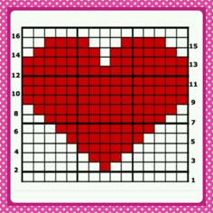 a cross stitch pattern with a red heart on it's side, in the middle of a pink and white frame