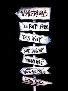 a wooden sign pointing in different directions with words on it that read wonderland, tea party here, this way, not this way, and wrong way