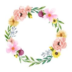 a floral wreath with pink, yellow and purple flowers