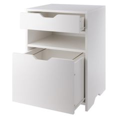 a white cabinet with two open drawers