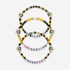 Sidney Crosby Pittsburgh Penguins 3 Pack Player Friendship Bracelet FOCO Penguin Bracelet, Matching Friendship Bracelets, Cool Friendship Bracelets, Penguin Coloring, Friendship Bracelets With Beads, Sidney Crosby, Concession Stand, Beads Bracelet Design, Our Friendship