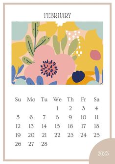 a calendar with flowers on it for the month of feb, and an image of a flower