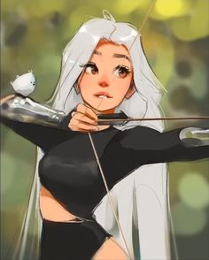 a drawing of a woman with white hair holding a bow and arrow in her hand