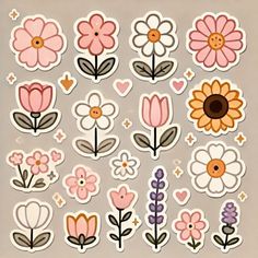 stickers with flowers and hearts are shown on a gray surface, including one pink flower