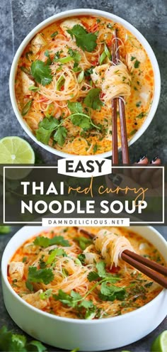 thai noodle soup in a white bowl with chopsticks and cilantro