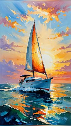 a painting of a sailboat sailing in the ocean at sunset with clouds and sunbeams