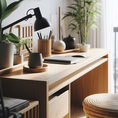 a wooden desk topped with lots of plants and potted plants on top of it