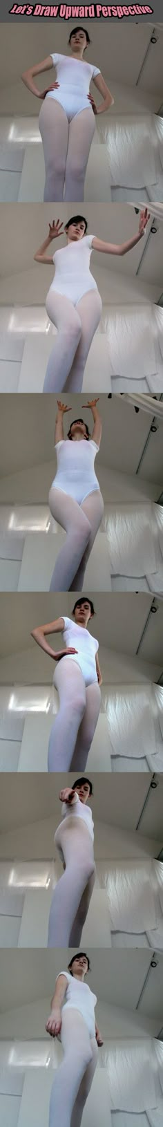 four different images of the same woman in white clothing with her arms spread out and legs crossed