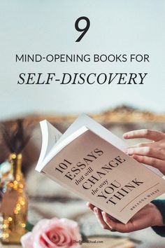 a woman reading a book with the title 9 mind - opening books for self - discovery