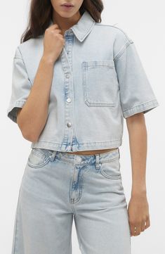 Amp up your casual-cool game in this boxy cropped shirt crafted from light-wash denim. 18" length (size medium) Front snap closure Spread collar Elbow-length sleeves Chest pocket 80% cotton, 20% polyester Machine wash, dry flat Imported Boxy Cropped Shirt, Light Blue Shirts, Cropped Shirt, Classic Wardrobe, Light Blue Denim, Elbow Length Sleeve, Light Wash Denim, Cropped Denim, Crop Shirt