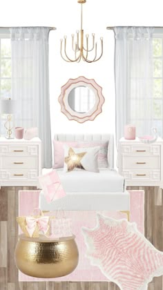 a bedroom with pink and gold accents, white furniture and chandelier hanging from the ceiling