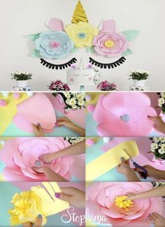 paper flowers are being made with yellow and blue colors on the top, bottom, and bottom