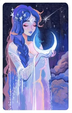 a girl with blue hair holding a crescent in her hand and stars above her head