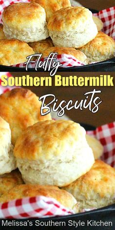 two pictures of biscuits with the words southern buttermilk biscuits on top and below