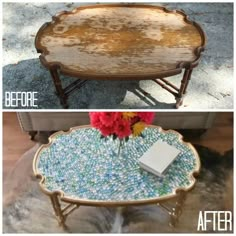 before and after photos of an old coffee table