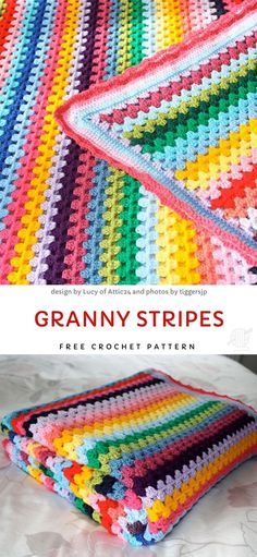 a crocheted blanket with the title granny stripes written on it