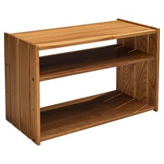 a wooden shelf with two shelves on each side