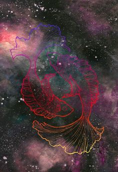 an image of a fish in the sky with stars and clouds behind it, as if from outer space