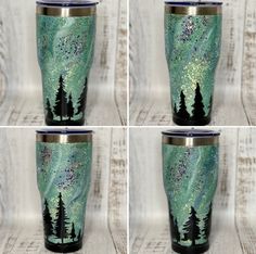 four pictures of the same cup with different designs on it, and one has trees painted on it