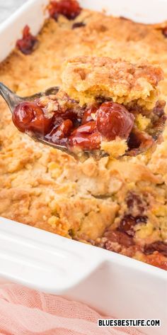 A cherry cobbler dump cake made with canned cherry pie filling.