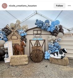 this is an image of a birthday party with balloons and farm animals on the wall