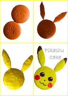 four different types of food with the words pikachu cake written below each one