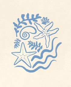 a drawing of a starfish, seaweed and seashells in blue ink