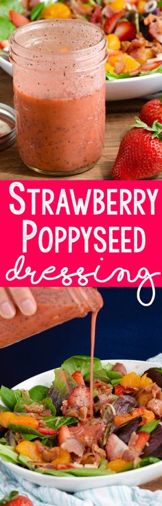 strawberry poppy seed dressing being drizzled onto a plate with salad in the background