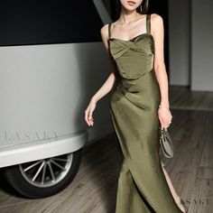 Lasaky - Yuelaiyi Satin Spaghetti Strap Maxi Dress - Slim Fit Long Gown Green Evening Dress Vintage, Vintage Bodycon Prom Dresses, Spaghetti Strap Bodycon Dress, Gaun Fashion, Mermaid Evening Gown, Satin Dress Long, Elegant Maxi Dress, Dress Women Elegant, Ball Gowns Evening