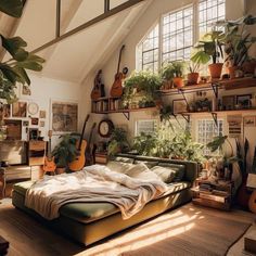 a bedroom with lots of plants on the shelves and bed in it's center