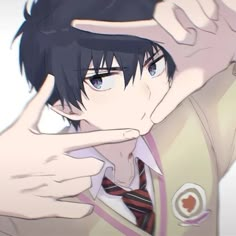 an anime character posing for the camera with his hand on his face and pointing to his right