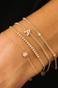 Zoe Chicco xs initial curb bracelet in yellow gold. 14K Yellow Gold white diamonds approx. .05 ctw (weights vary by letter) 6-7" L Hexagon Bracelet, Curb Chain Bracelet, Zoe Chicco, Round Diamond Setting, Fine Gold Jewelry, Letter Bracelet, Jewelry Post, Stacked Jewelry, Initial Bracelet