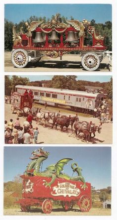 three pictures of horses and carriages with people standing around them in front of a train