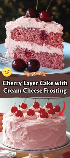 cherry layer cake with cream cheese frosting and cherries on the top is shown