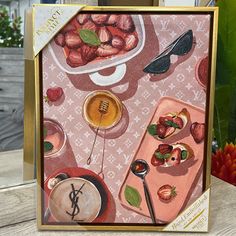 a painting of strawberries and coffee on a pink tablecloth with gold trimming