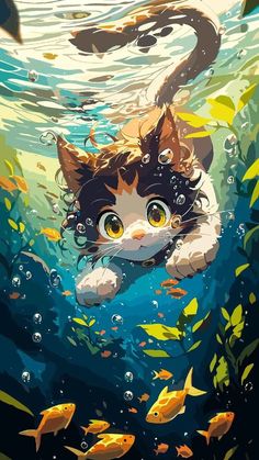 a cat swimming in the water with fish around it