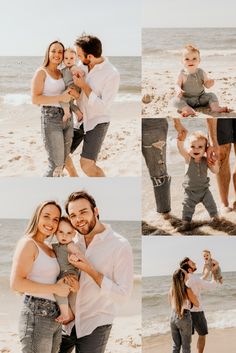 a man and woman holding a baby on the beach with their arms around each other