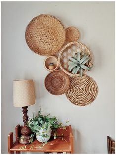 Hand made Boho Family Picture Wall, Small Wall Art Ideas, Basket Walls Boho Living Room Diy, Boho Baskets On Wall, Wall Basket Decor