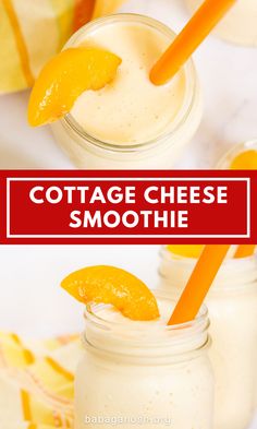 two mason jars filled with cottage cheese smoothie next to orange wedges and strawberries