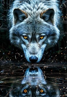 a wolf with yellow eyes is reflected in the water