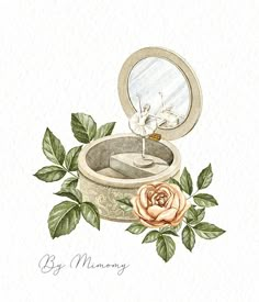 a watercolor painting of an open box with a rose on it and a mirror in the background