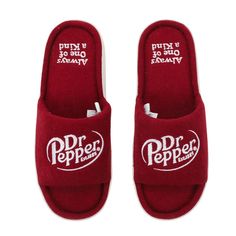 Enjoy comfort and unique style with these men's red Dr Pepper open-toed slide slippers. Emblazoned with the iconic soda logo on the straps, each step becomes a statement of your love for this classic beverage. The sole features white letters proudly proclaiming, "Always One of a Kind," capturing the essence of Dr Pepper's timeless individuality. Tailored to fit men's shoe sizes 7-12, these slippers are a perfect blend of custom design and functionality, officially licensed to ensure authenticity Dr Pepper Crocs, Guy Gifts For Christmas, Dr Pepper Stuff, Cool Things To Buy On Amazon, Red Shoes Men, Soda Logo, Xmas Gift Ideas