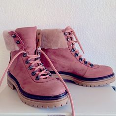 Gorgeous Dusty/Mauve Pink Winter Hiking Style Boots. All Leather Inner And Outer Except For Soles, Leather ‘Nubuck’ Finish To Uppers. Worn Only 2 Times, Few Wear Marks As Shown In Photos. These Have Been Sprayed For Water Resistance. In Excellent Condition. I Wear An 8 Or Occasionally 8.5, These Fit Perfectly. I’d Say They Won’t Work For A Wide Foot. Normal To Narrow Fit. Pink Leather Mid-calf Boots For Spring, Pink Leather Mid-calf Boots For Winter, Winter Pink High-top Combat Boots, Trendy Pink Mid-calf Winter Boots, Pink Lace-up Combat Boots, Hiking Style, Dusty Mauve, Pink Winter, Hiking Fashion