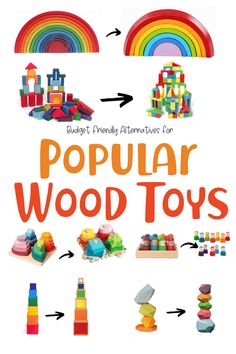 the book cover for popular wood toys, with an image of rainbows and blocks